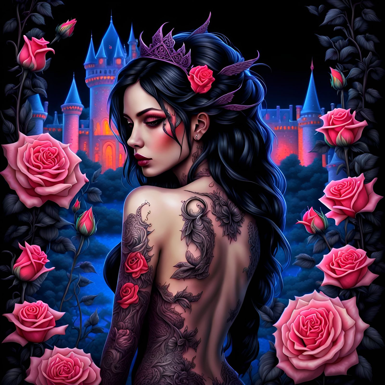 Dark fairy with a beautiful elaborate rose tattoo covering her back