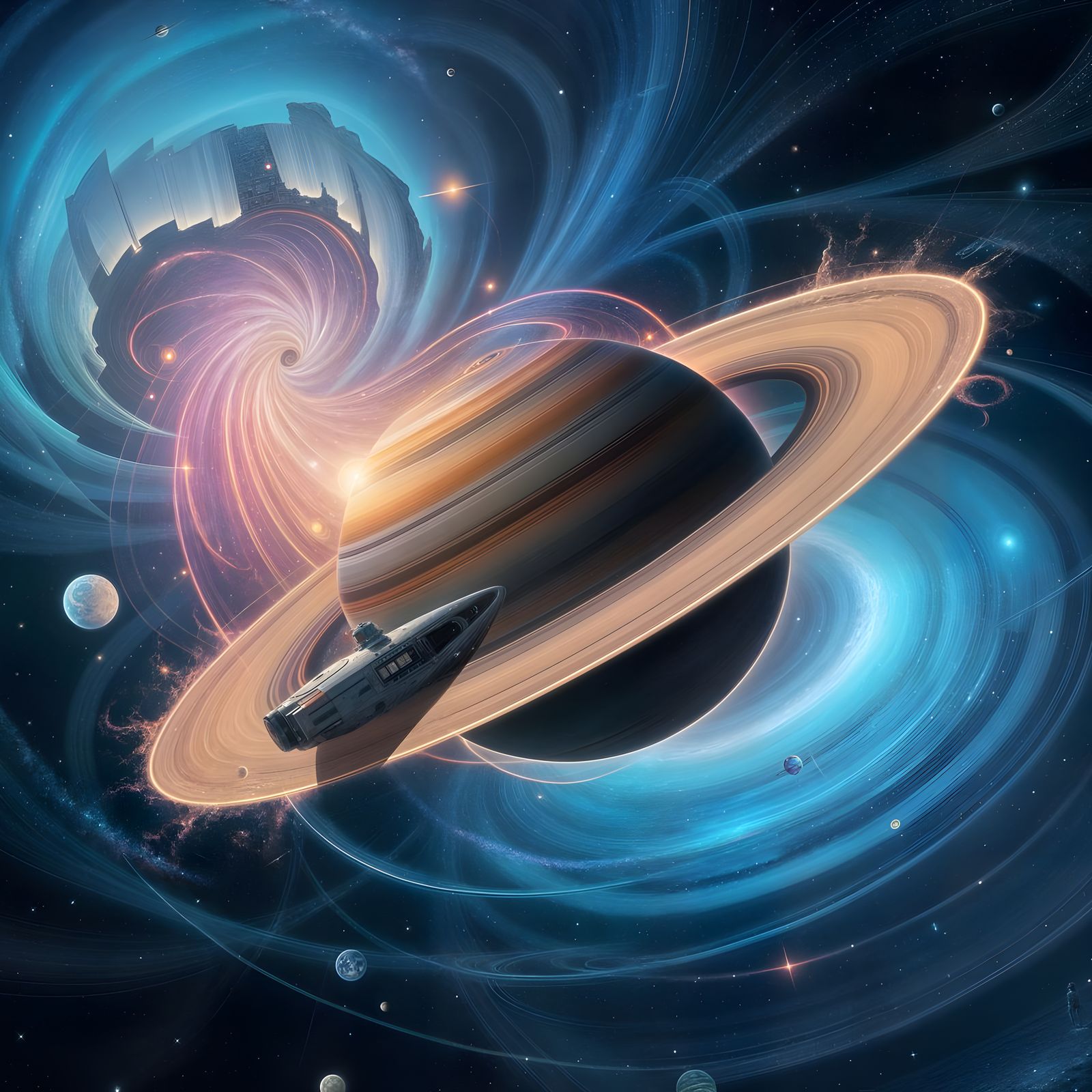 Surreal Cosmic Voyager Embarks on Saturnian Odyssey