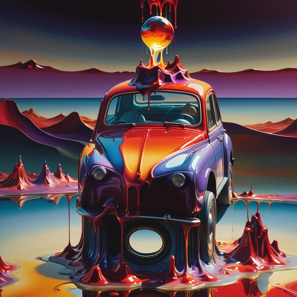 Melting Surreal Red Car in Dreamy Oil Paint Haze