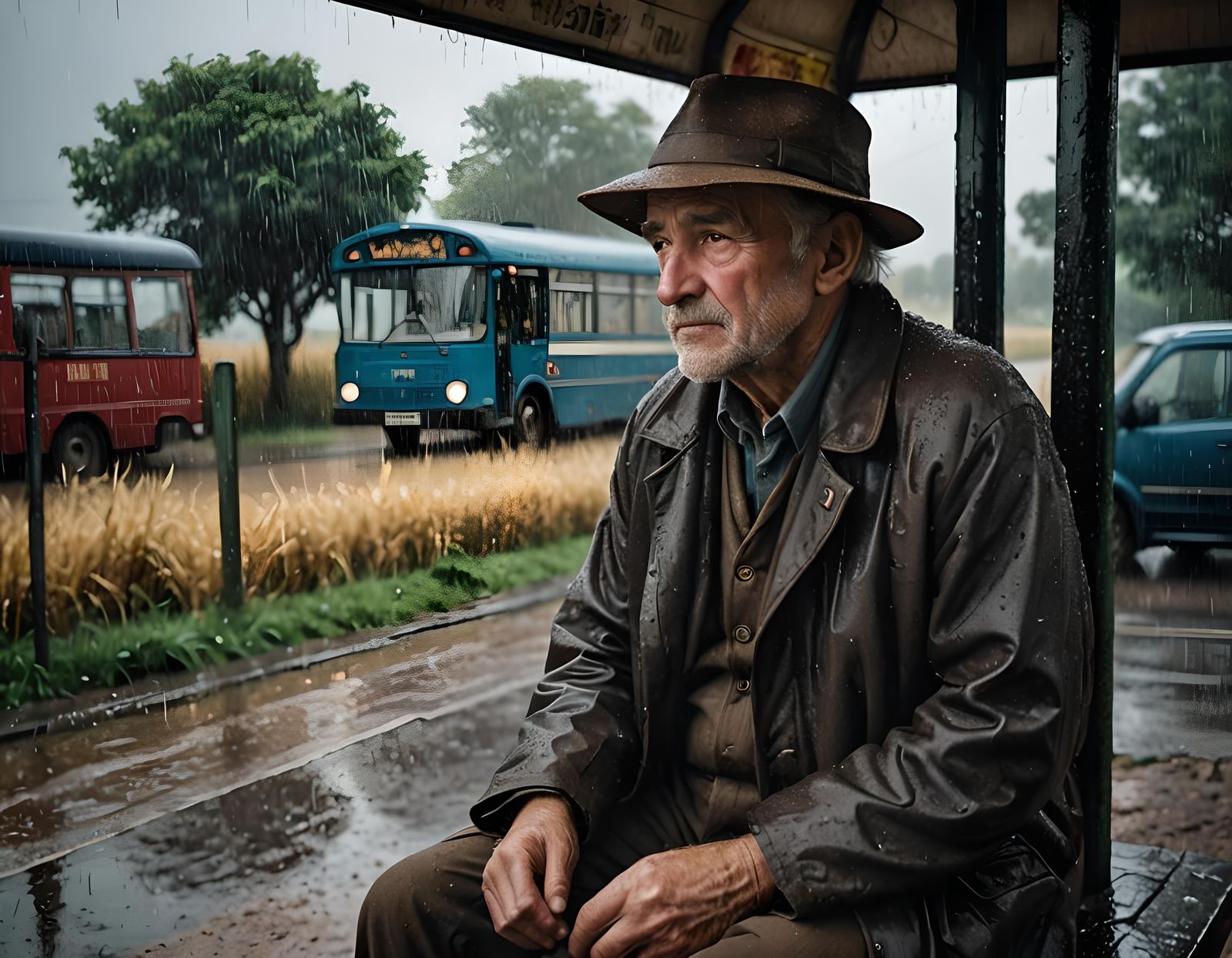 Melancholic Old Man at Bus Stop in Rain