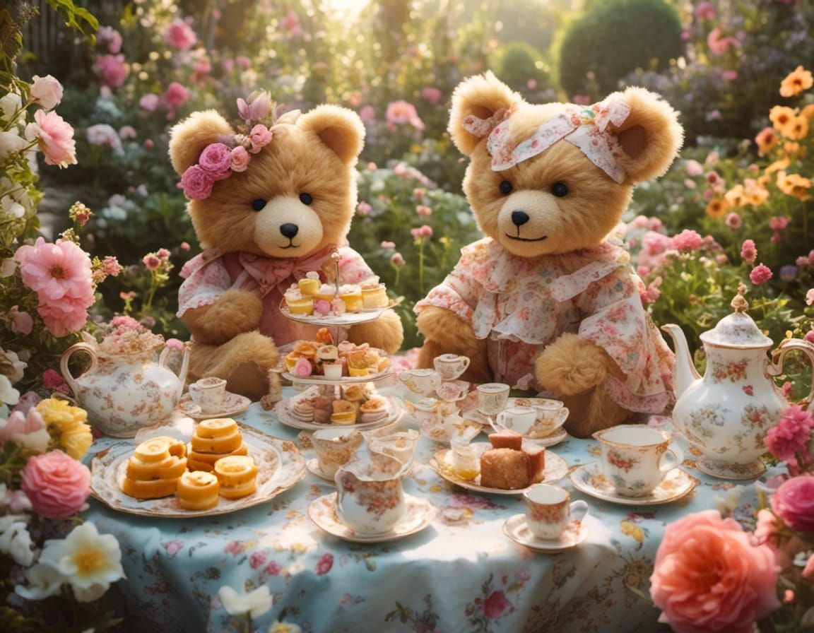 Hyperrealistic Teddy Bear Tea Party in Garden