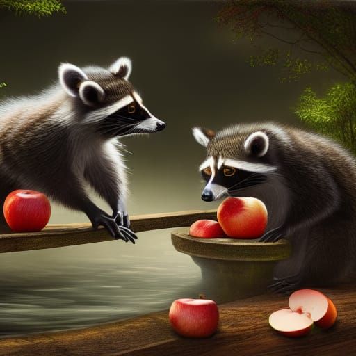 Raccoons Washing Apple: Detailed Matte Painting