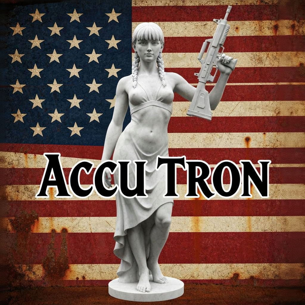 Marble Statue of Woman Holding Rifle, USA Flag Banner