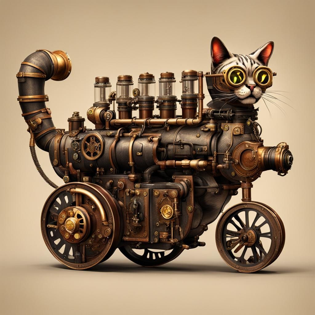 Steampunk Cat Integrated with Engine