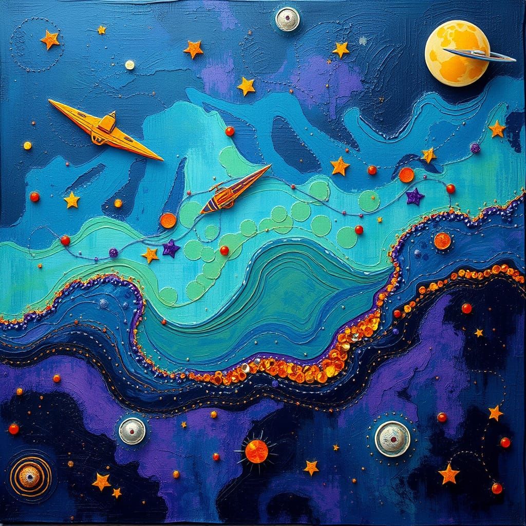 Vibrant Retro Sci-Fi Dreamscape in Folk Art Style