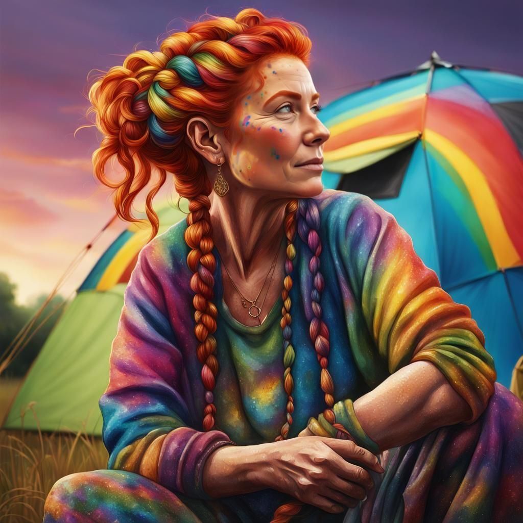 Rainbow Braids: Hyperrealistic Portrait of Hippie Woman