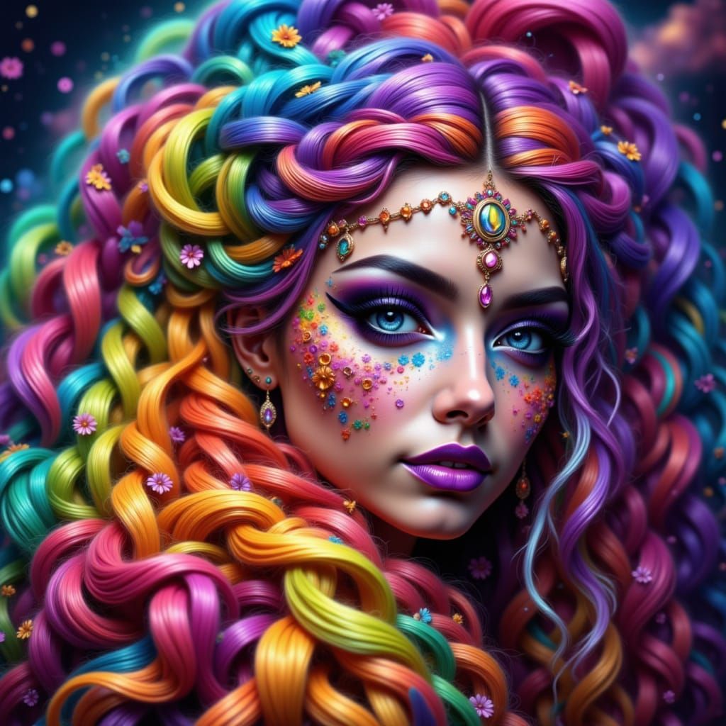 Lilith's Rainbow Braids in Surreal Dreamscape