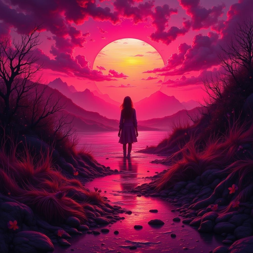 Ethereal Dark Pink Dreamscapes in Cyberpunk Aesthetic