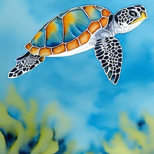 Watercolor Sea Turtle in Great Barrier Reef