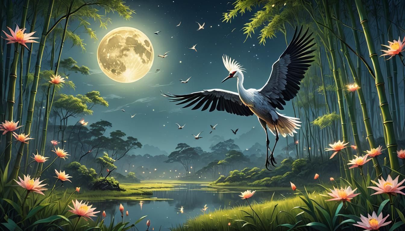Fantasy Crane in Moonlit Meadow Oil Painting