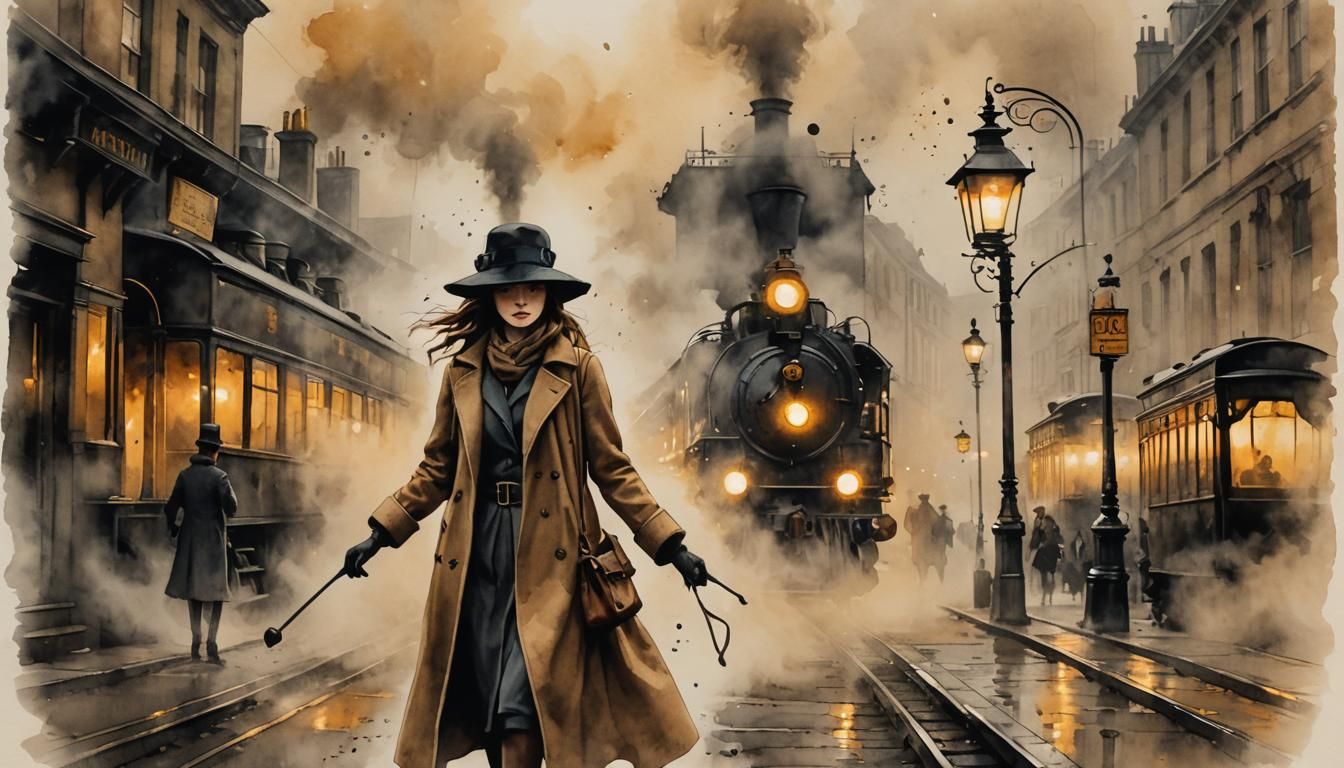 Girl Waving at Steam Train in Foggy London, Ink Painting