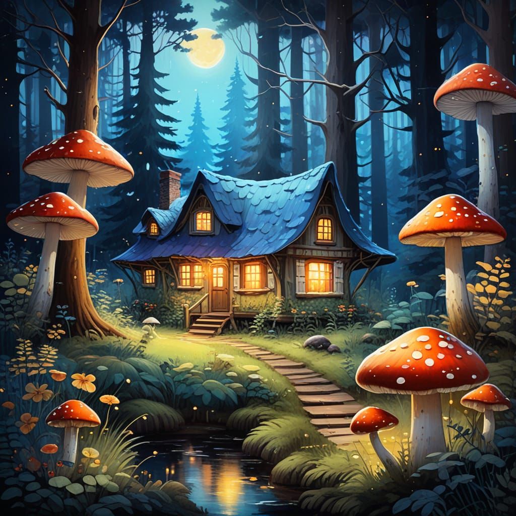 Ethereal Cottage in a Radiant Forest, Gouache Masterpiece
