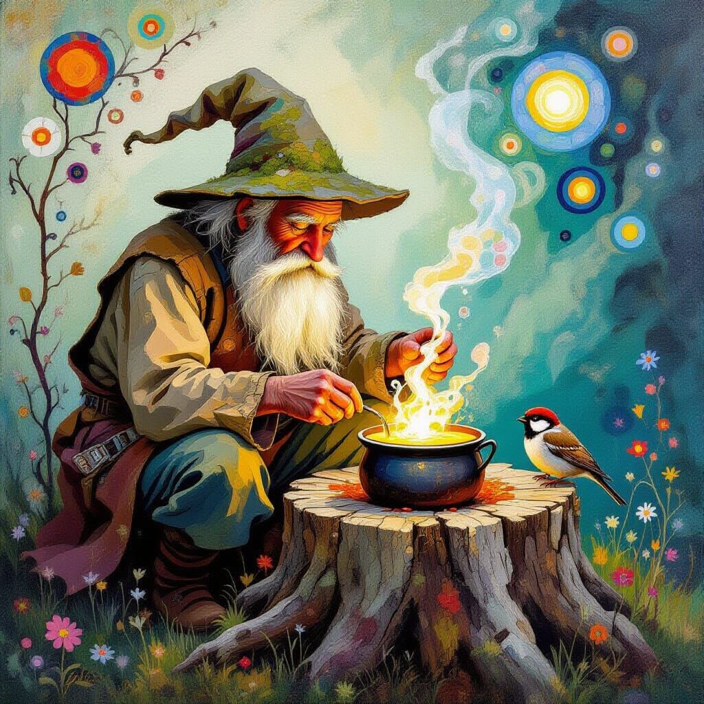 Old Man Heals Sparrow with Magic Potion Under Stump