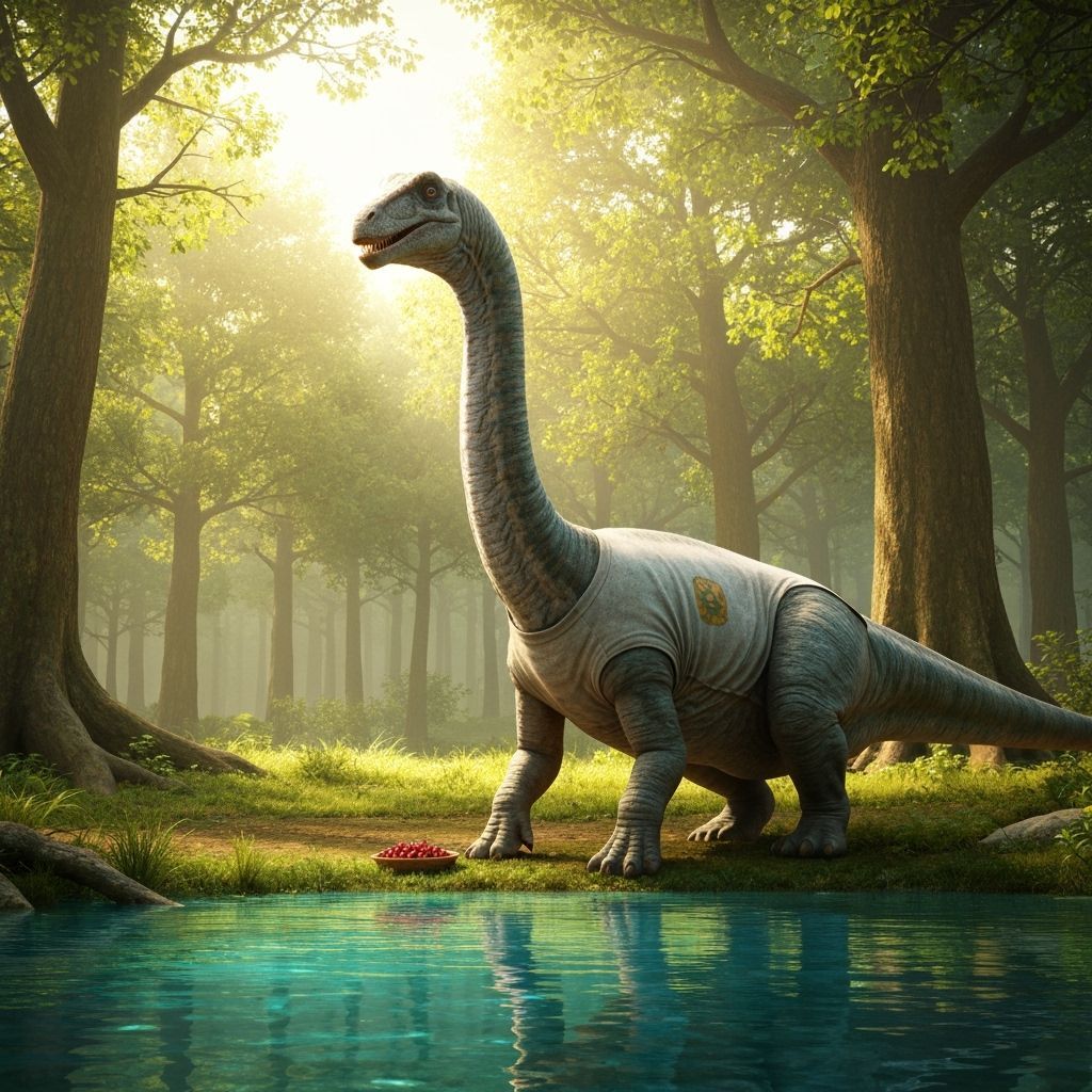 Dinosaur Grazing in Lush Volcanic Forest