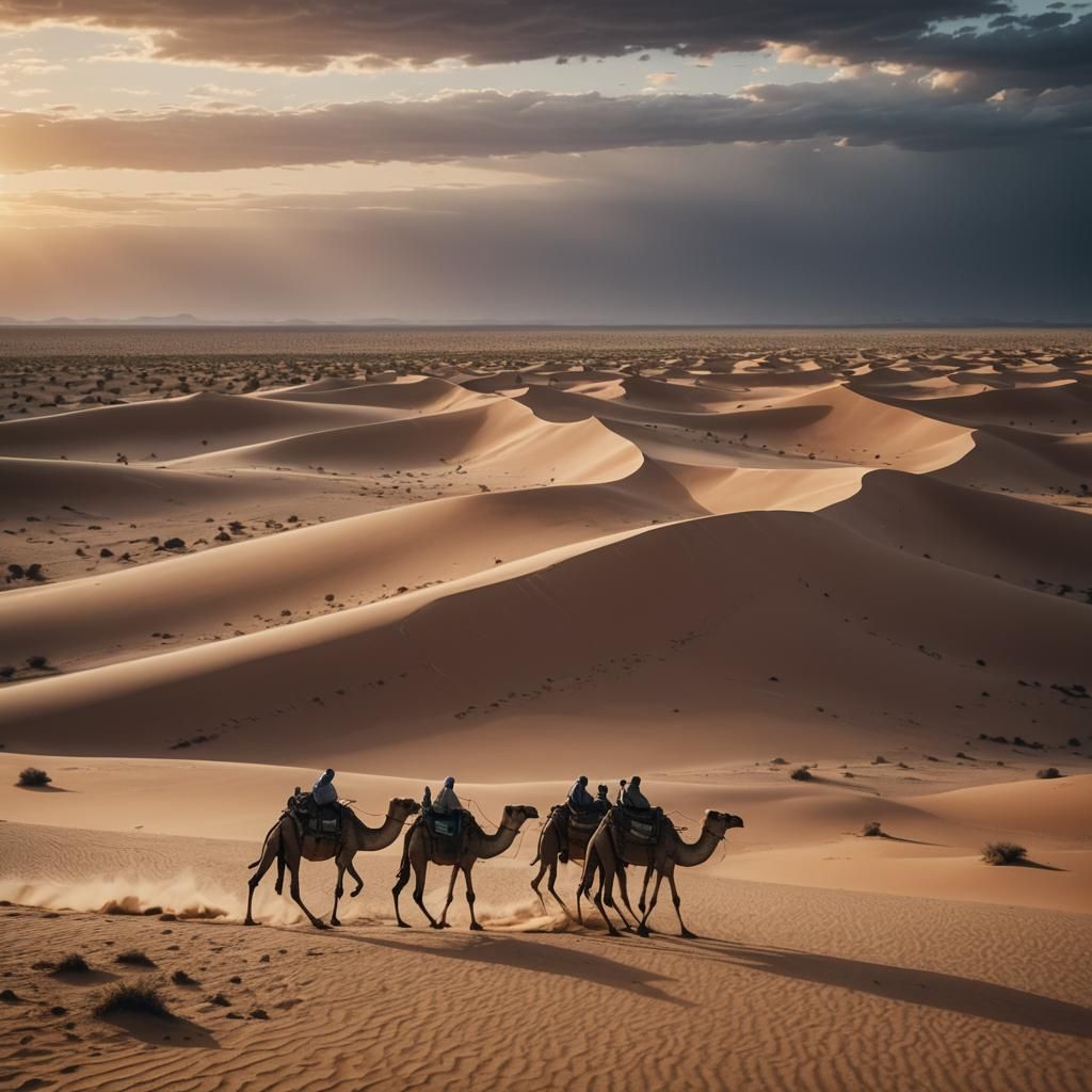 Desert Caravan at Sunset: Cinematic Film Still