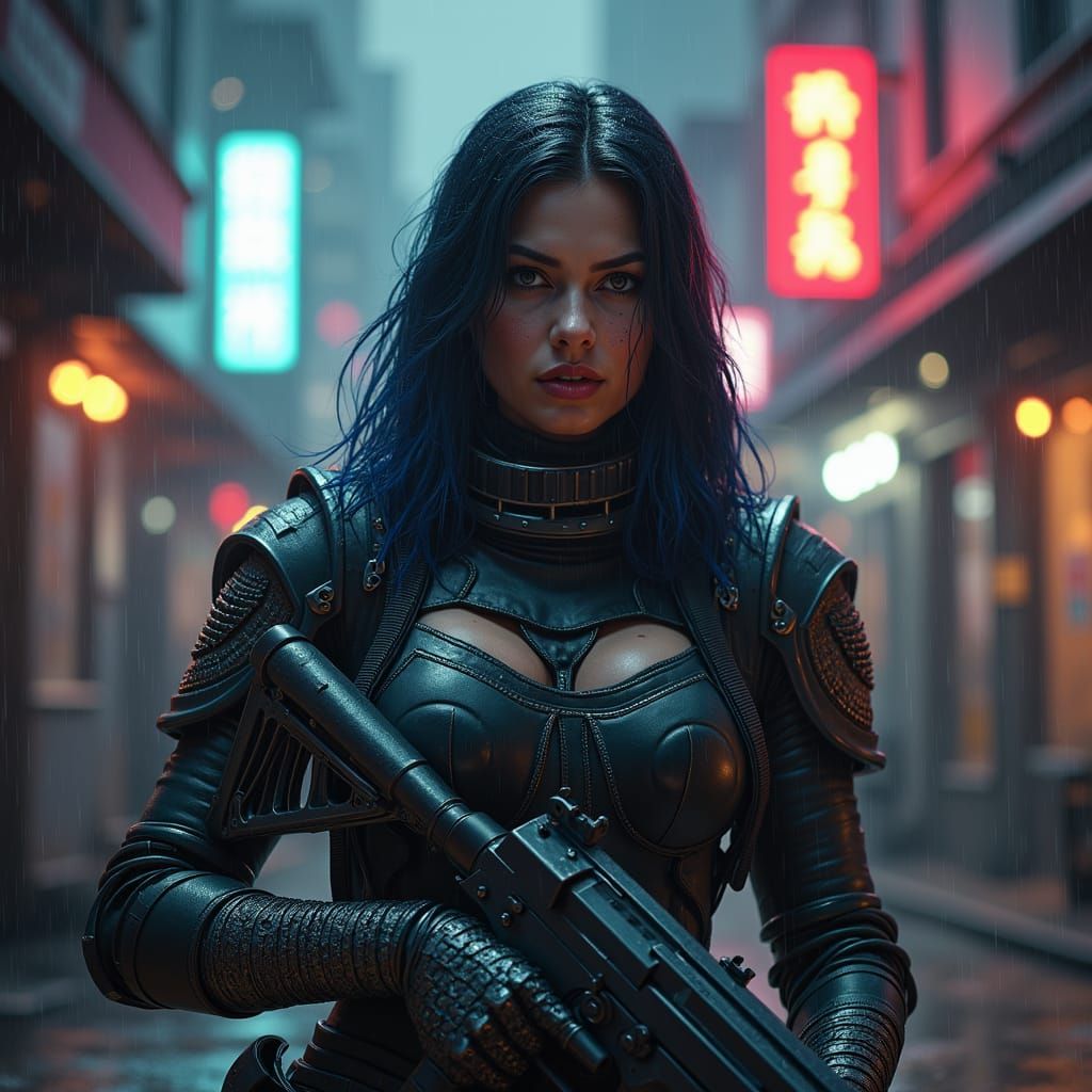 Cyberpunk, female guard, scar over left eye, the left arm is...