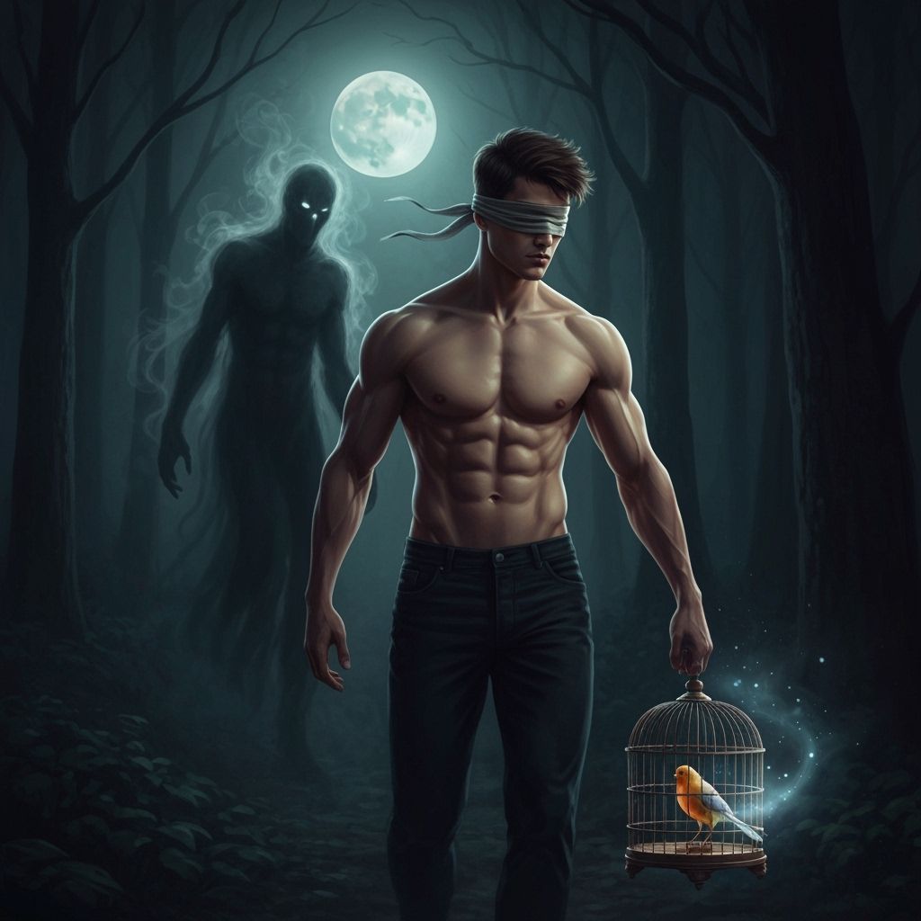 Blindfolded Man and Spectral Figure in Eerie Forest