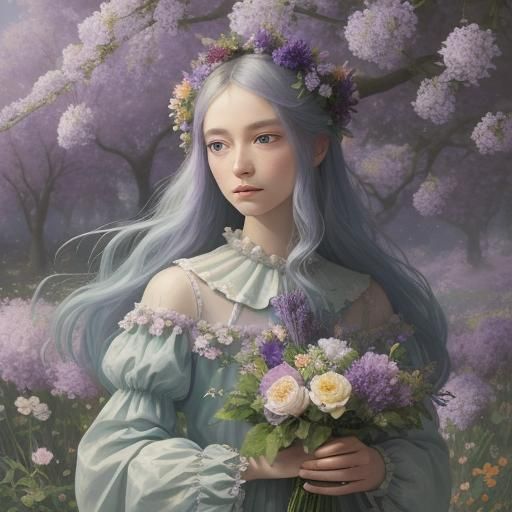 Surreal Girl with Flowers in Dreamy Landscape
