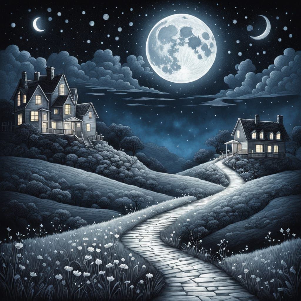 Whimsical Fantasy Village on Floating Hills Under Starry Sky