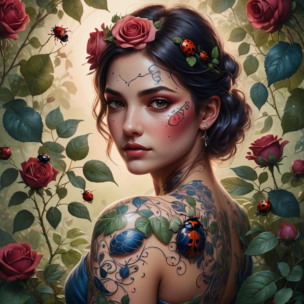 Rose and Ladybug Tattoo in Fantasy Realism