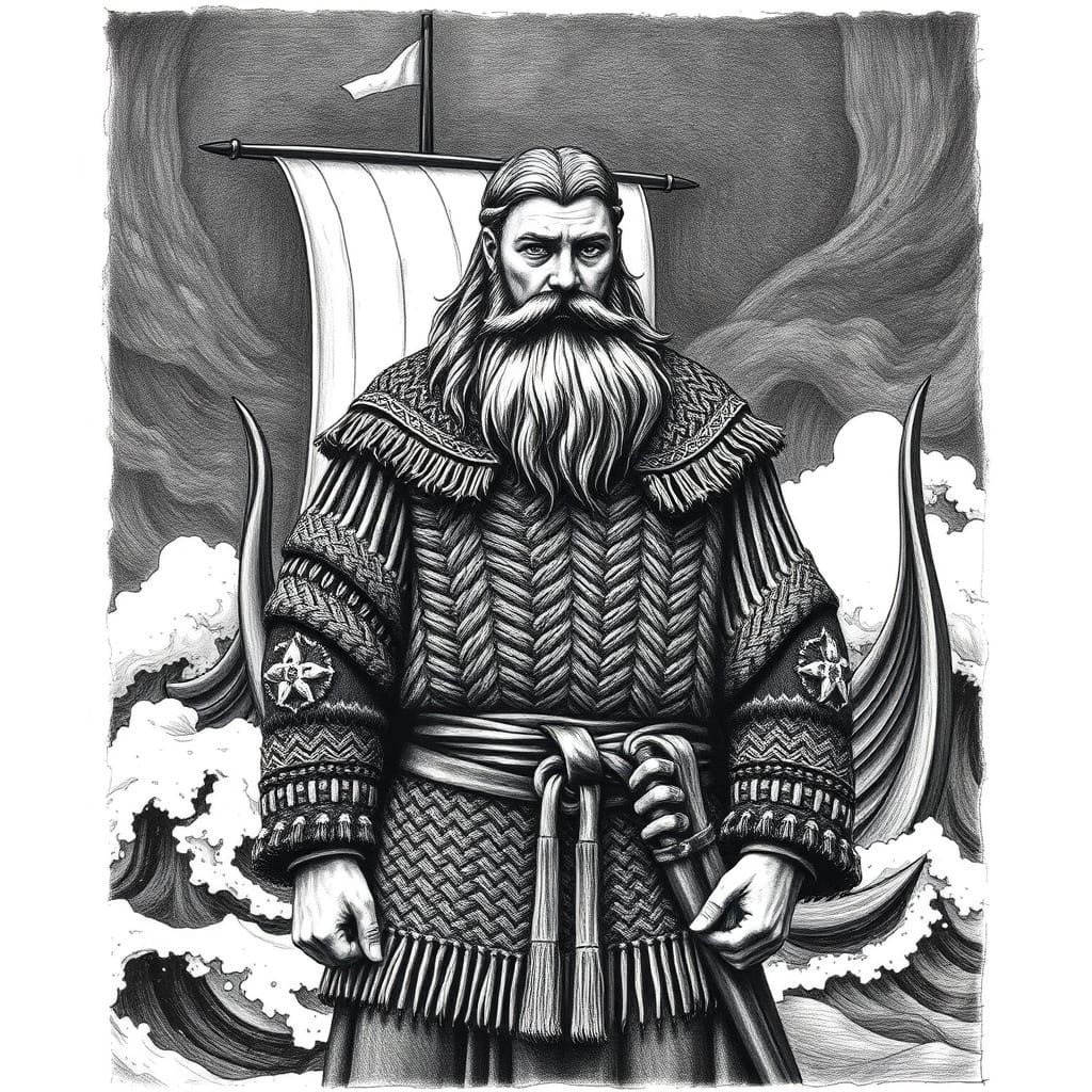 Leif Erikson carved in the bold, linear forms of a Norse woodcut, with a Viking longship braving the waves of the North ...