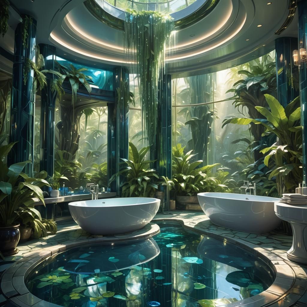 Biomechanical Oasis Bathroom with Tropical Waterfalls
