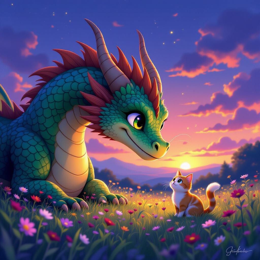 Friendly Jade Dragon Meets Curious Cat in Twilight Meadow