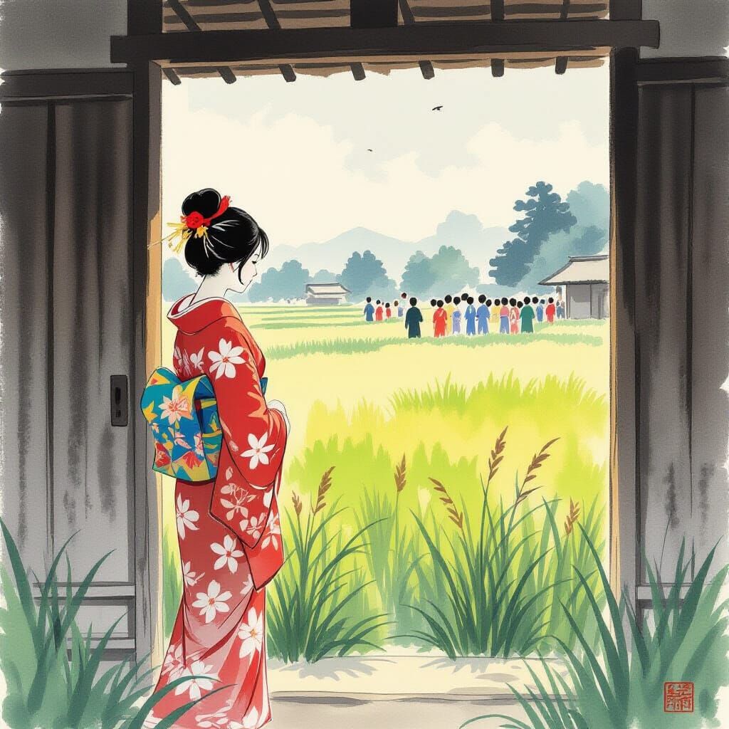 Serene Woman Celebrates Festival in Yamato-e Style