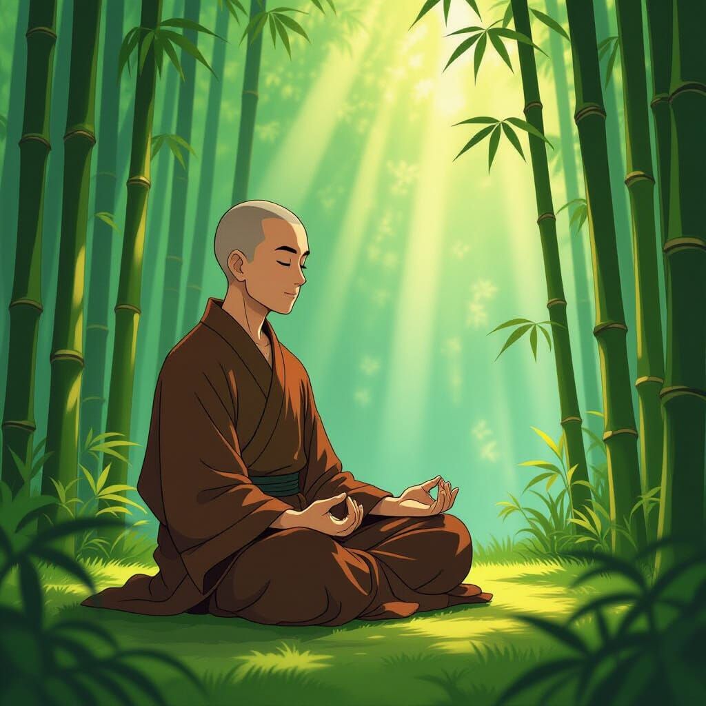 Monk Meditating in Bamboo Forest, Ghibli Style