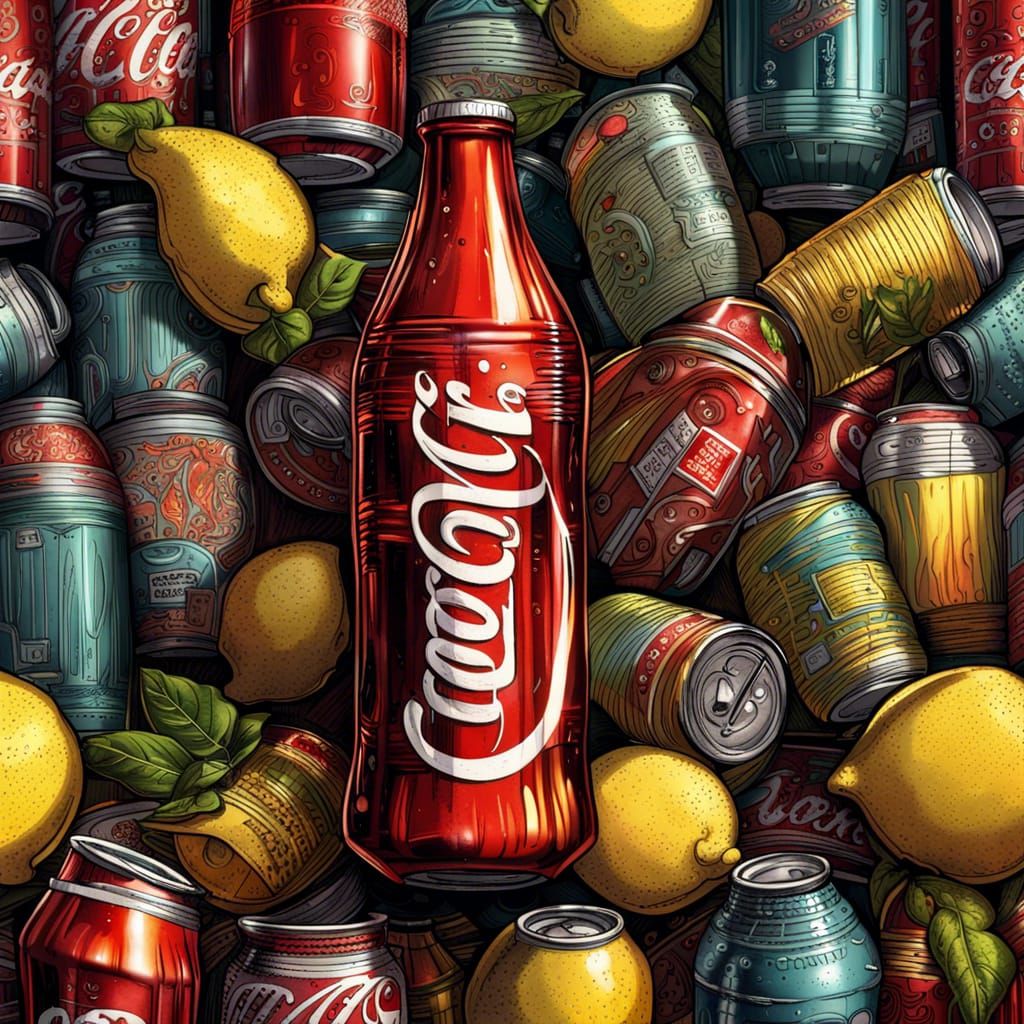 Cola Bottle Surrounded by Lemonade Cans: Comic Book Art