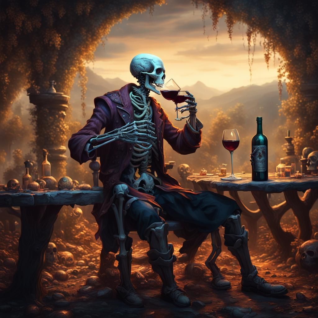 Alive Skeleton Enjoys Wine in Detailed Fantasy Art