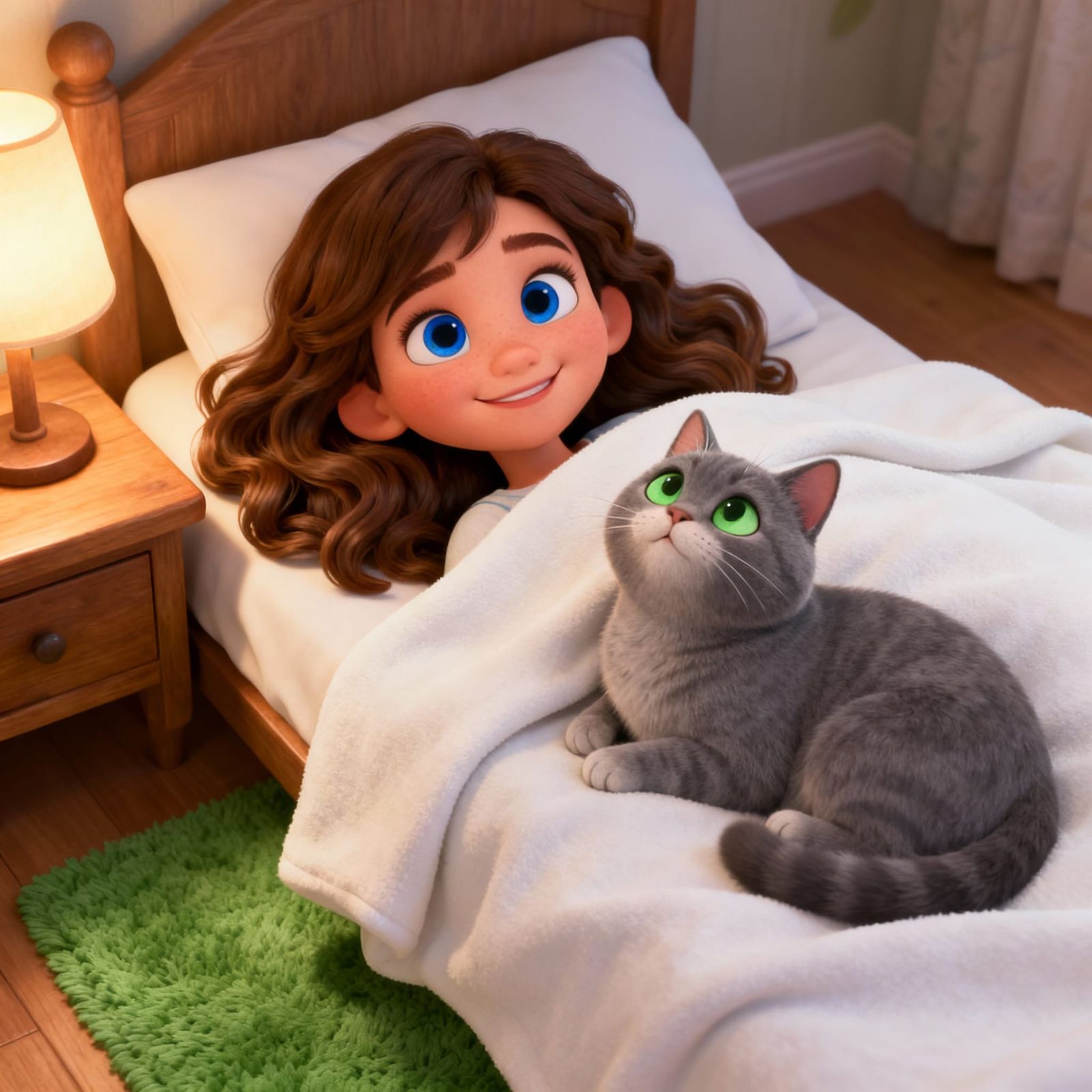 Cute Girl and Cat Relaxing in Cozy Bedroom 3D Cartoon Style