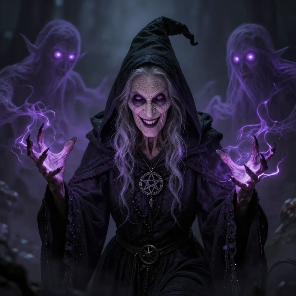 Wicked Witch Summons Purple Wraiths in Dark Fantasy Art