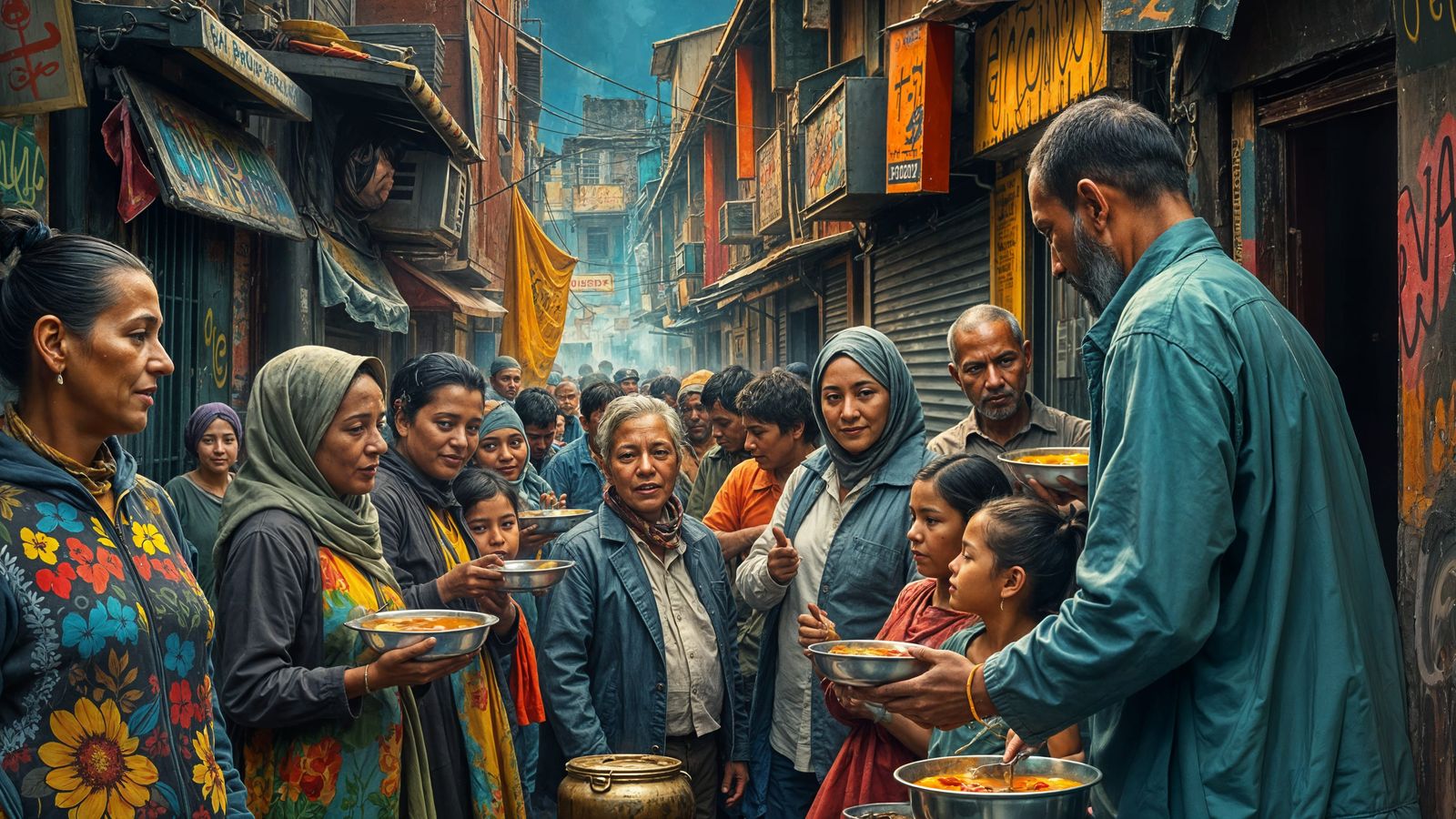 Soup Kitchen in Vibrant Slum at Night, Impressionistic Style