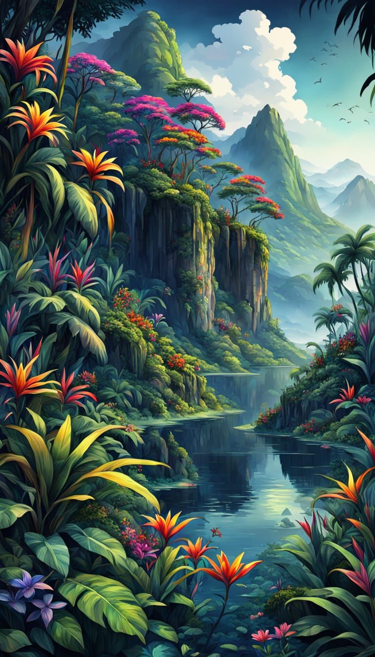 Fantasy Jungle Landscape in Watercolor Style