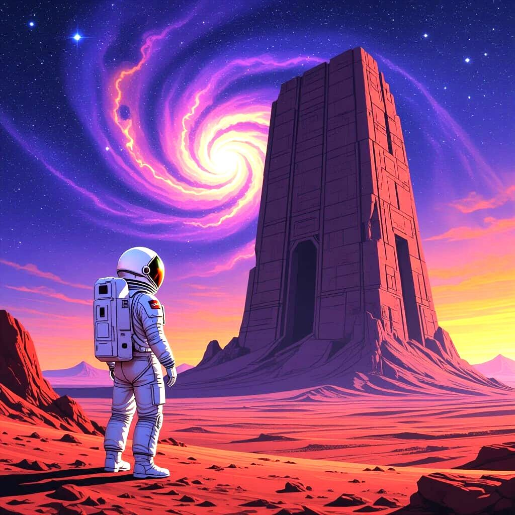 Astronaut Discovers Colossal Alien Ruin Under Nebula Sky