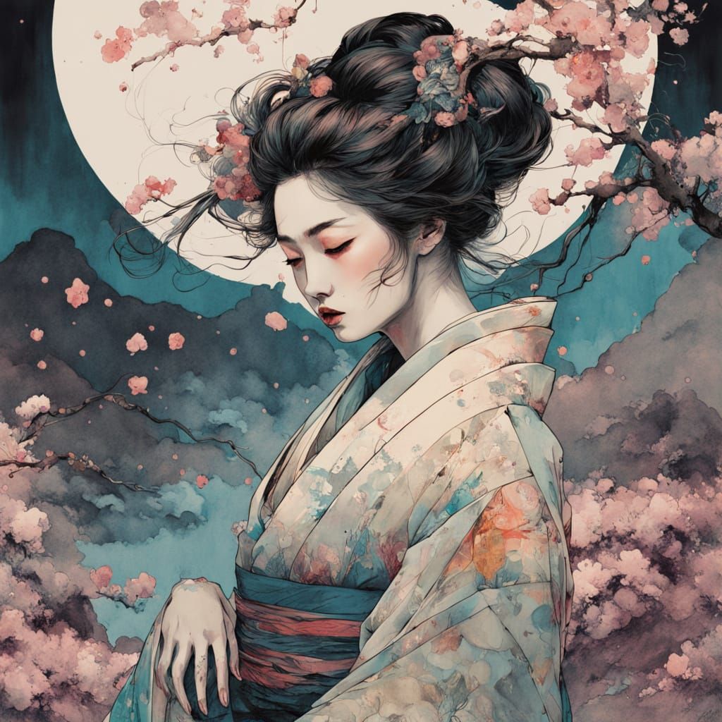 Geisha in Cherry Blossom Dreamscape