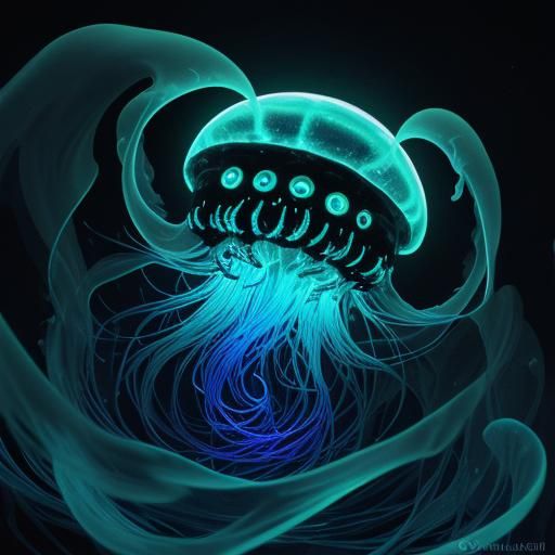 Bioluminescent Jellyfish in Deep-Sea Digital Painting