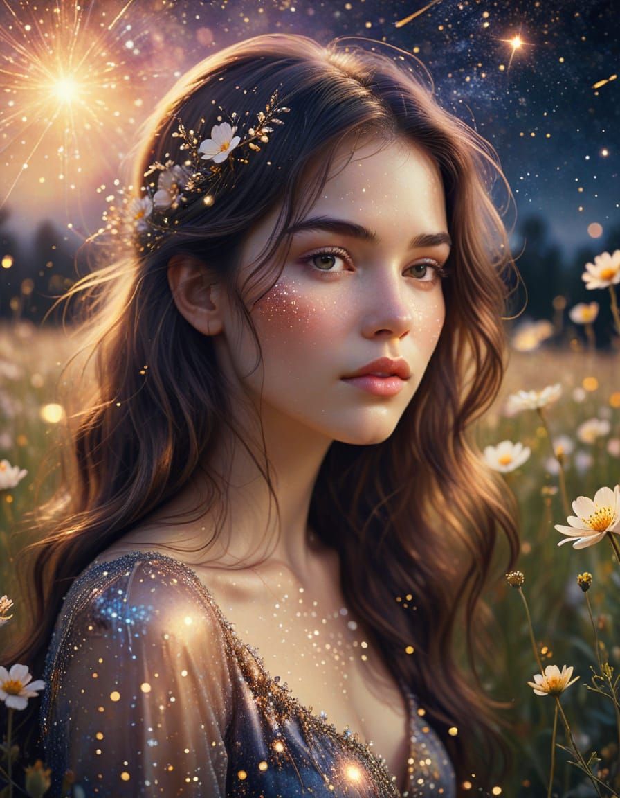 Mysterious Girl in Luminous Flower Meadow