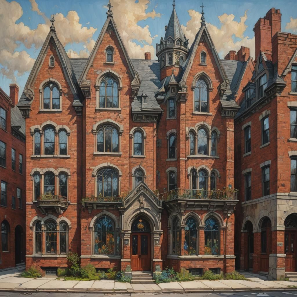Old Brick Home with Towers, Oil Painting Style