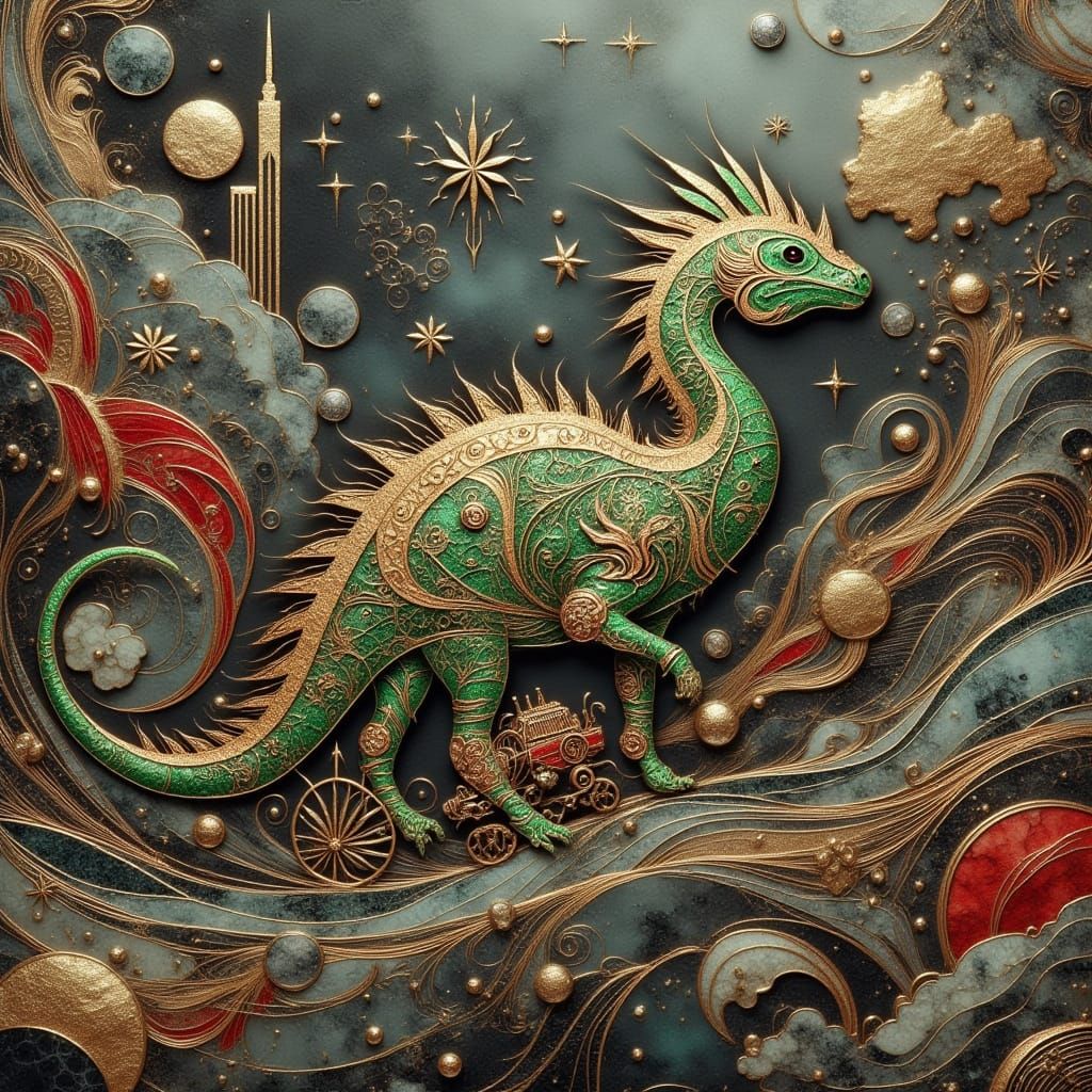 Cyborg Stegasaurus in Retro-Futuristic Metropolis