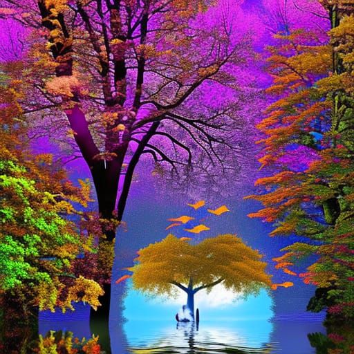 Woman in Autumn Forest Pool, Early 3D Graphics
