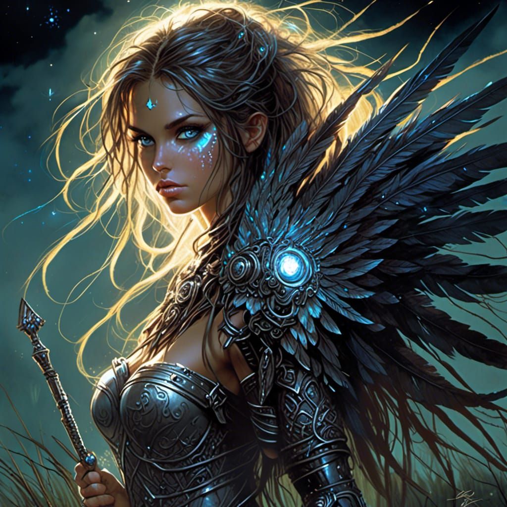 Bioluminescent Woman with Rune Axes in Fantasy Landscape