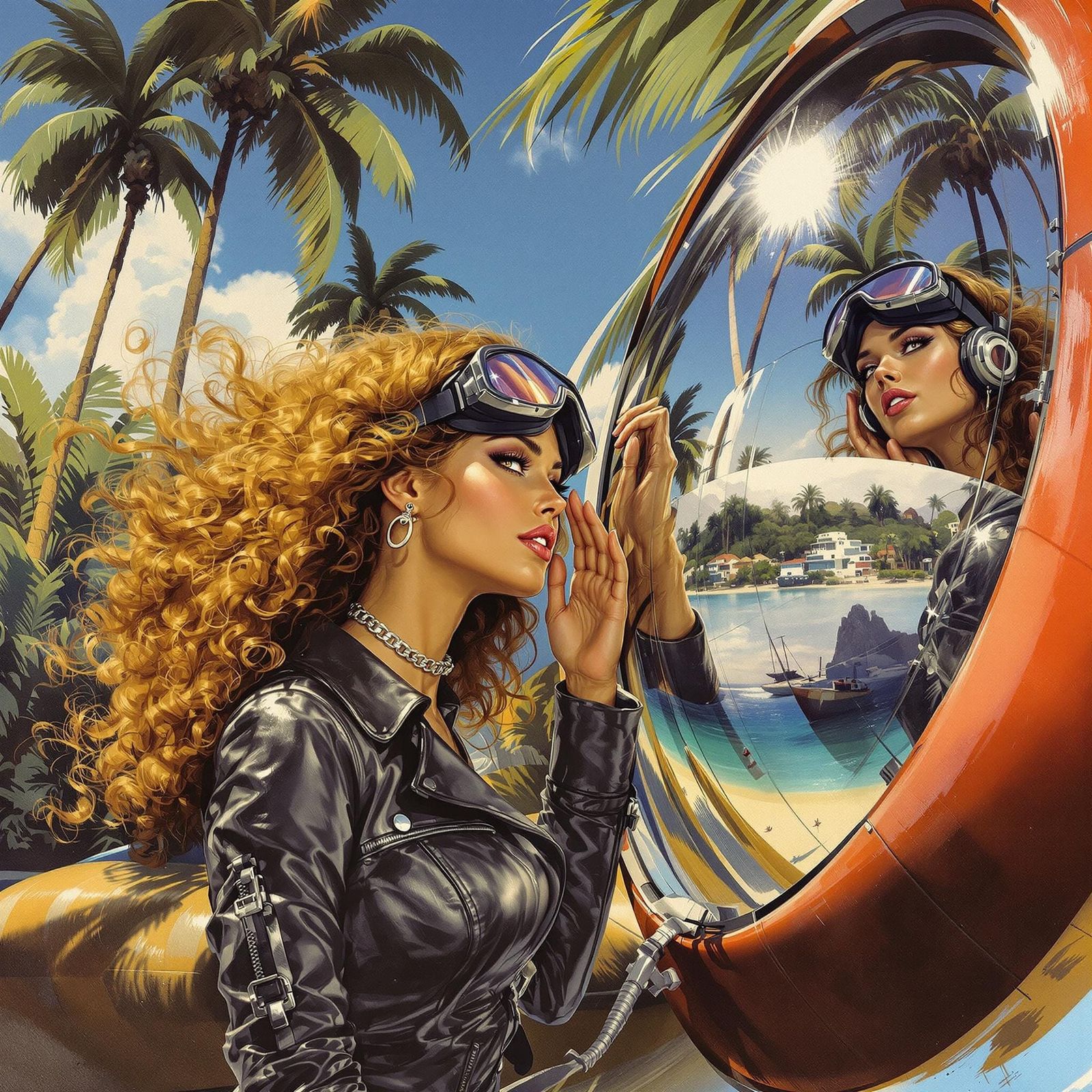 Glamorous Pilot Fixing Hair in Tropical Setting