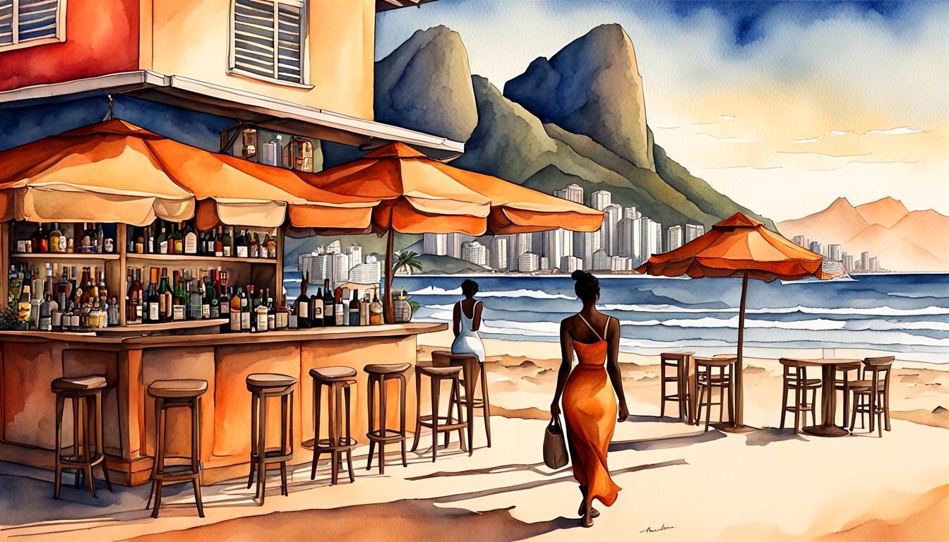 Girl on Ipanema Beach in Watercolor Style