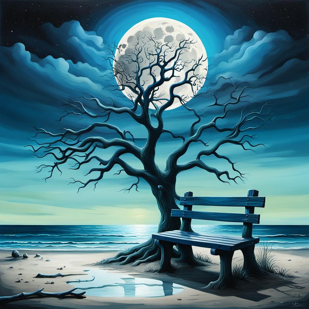 Moonlit Beach Surrealism with T-Branch Tree