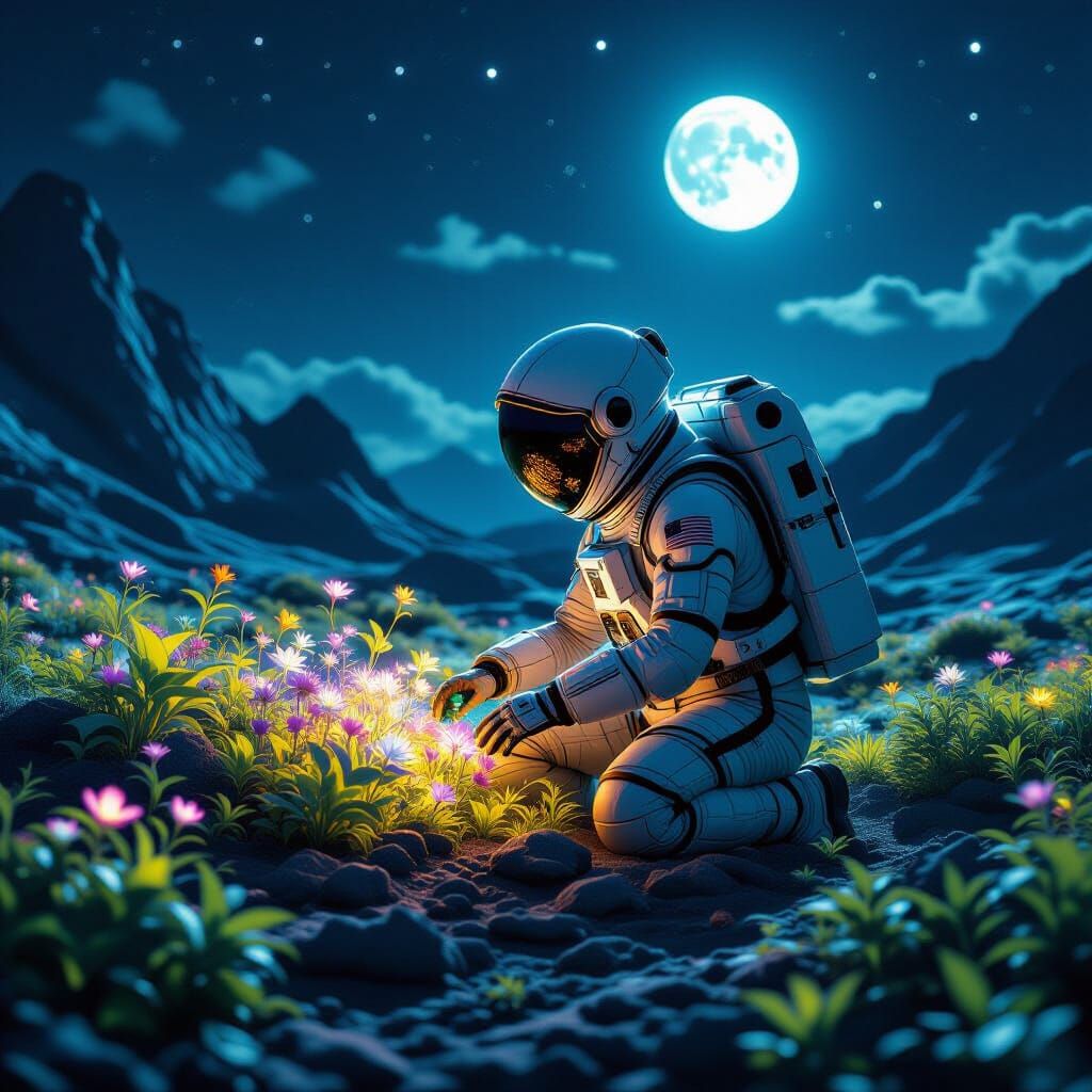 Astronaut Tends Alien Garden on Moon, Earth Glow