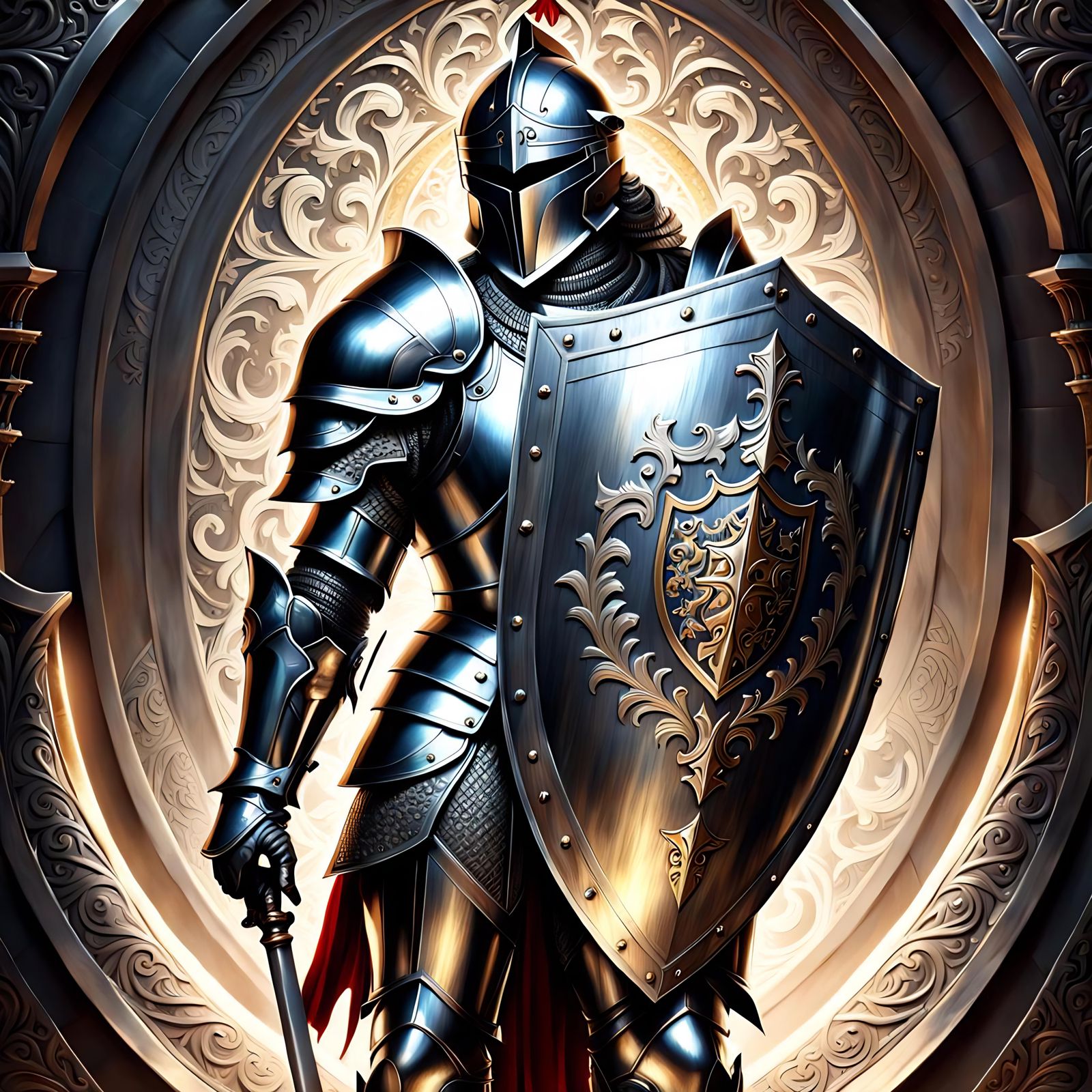 Knight in Silver Armor Holding Ornate Shield