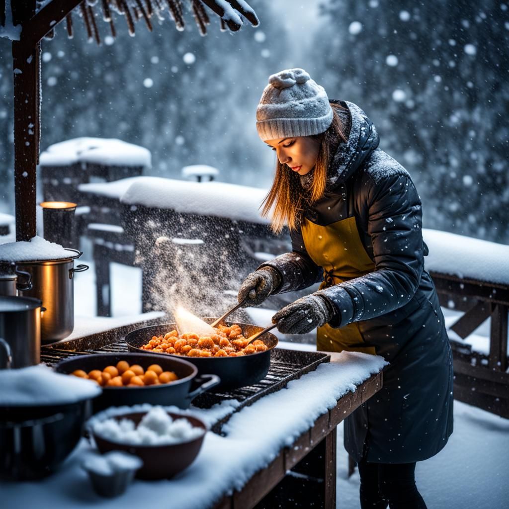 Woman Cooking Food in Winter Snowfall