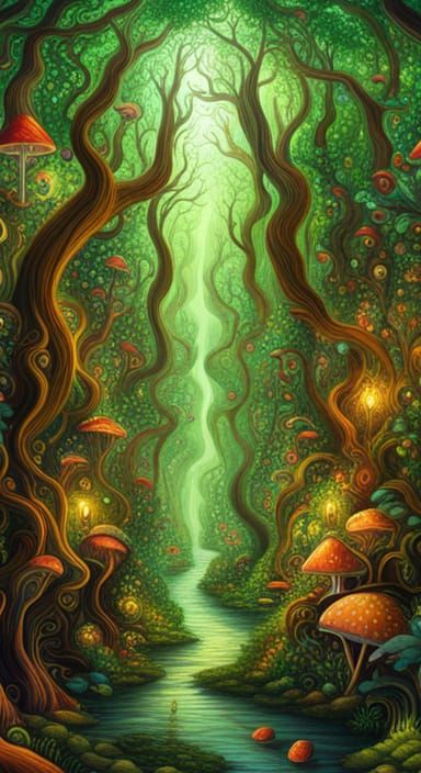 Surreal Mushroom Machines in Psychedelic Forest